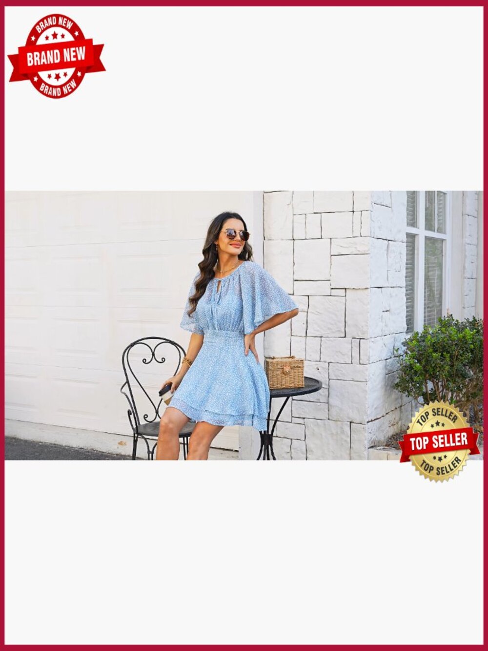 Chiffon Floral Mini Dress V-Neck Ruffle Bell Sleeve Beach Sundress - Picture 7 of 7